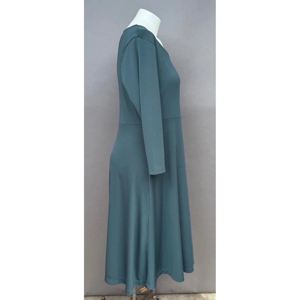 Lands End Dress Medium 10-12 Teal Green Long Sleeve Fit Flare Midi Dress